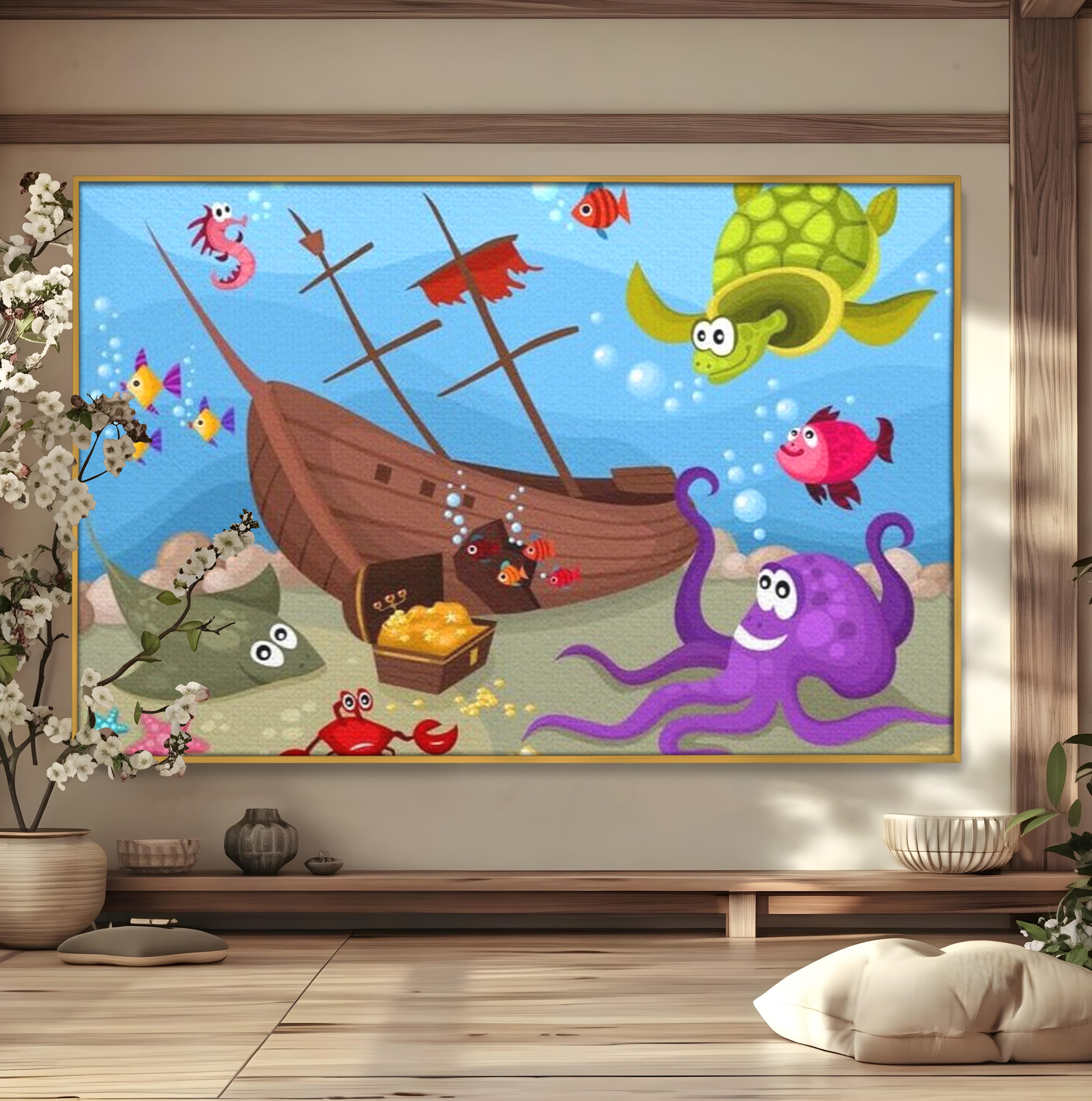 Tablou canvas cu ilustratie animata cu vietuitoare marine si epava, in rama de aluminiu auriu